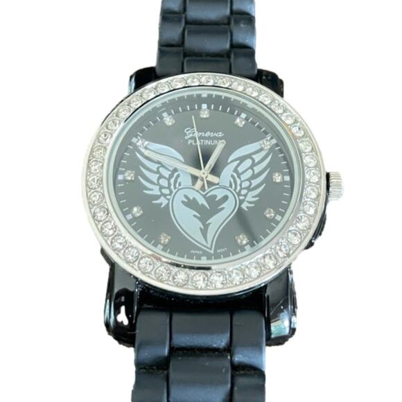 ⭐️ Geneva Platinum‎ Heart With Wings Black Rubber Unisex Watch Stainless Steel - Picture 1 of 6